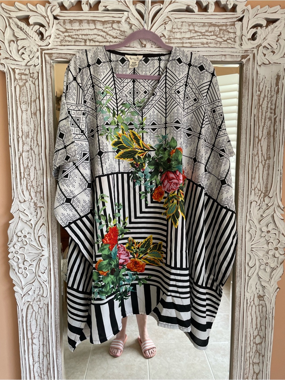 Black & White Floral Poly Lounge Beach  Mini Caftan Dress with Mixed Prints